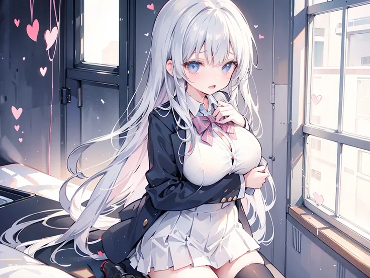 2people,at high school,
A demon girl having her breasts squeezed by a human girl,
breasts milking,heart flying,Putting out the bottom, saliva, sexual pleasure,
1/2:human girl,black hair,wearing school blazer uniform,
 // 
2/2:silver hair satan cute girl we...