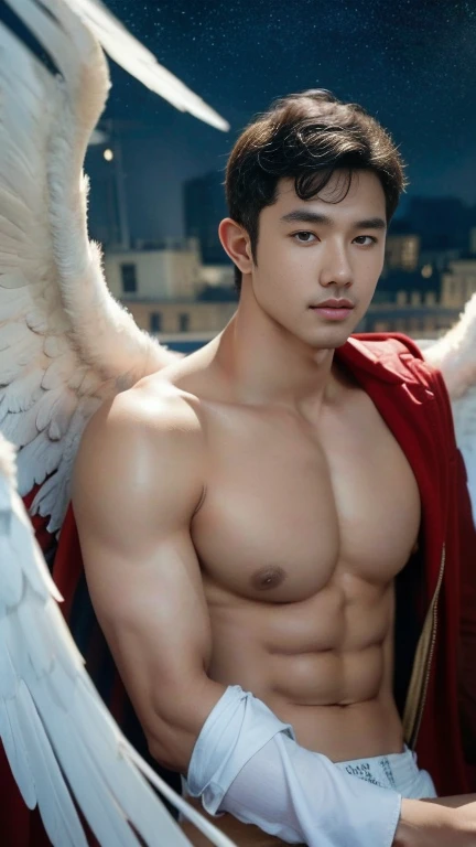 Korean and Chinese men Close-up of a man holding a  with wings, winged boy, Tall anime character with blue eyes, Angels protect humans, Eros and Death, 2 angels, winged human, Angelic, two anime handsome men, low angel, makoto shinkai and (cain kuga), artj...