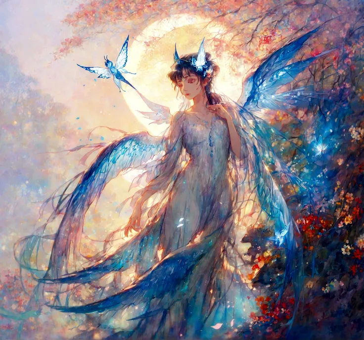 In a flowery glade、Wearing a gorgeous dress with colorful translucent wings、Hall々A beautiful and sensual fairy, Glowworms, (Arkan Nayle:1.4), (Written by William Turner:1.2), (Claude Monet:1.2), (Henry Asensio:1.1), (Edgar Degas:1.1), (Pierre-Auguste Renoi...