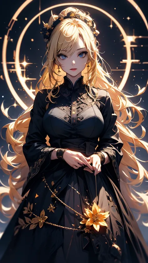 masterpiece, high quality, 4K, Beautiful design, silhouette，blonde， 非常に詳細な夜のStarry Sky,Flower Field， wonderful, Finer details,  Very knowledgeable woman, Highly detailed solo, 1 female,Big Breasts，Gothic Lolita Fashion，Night view，Starry Sky，full moon，