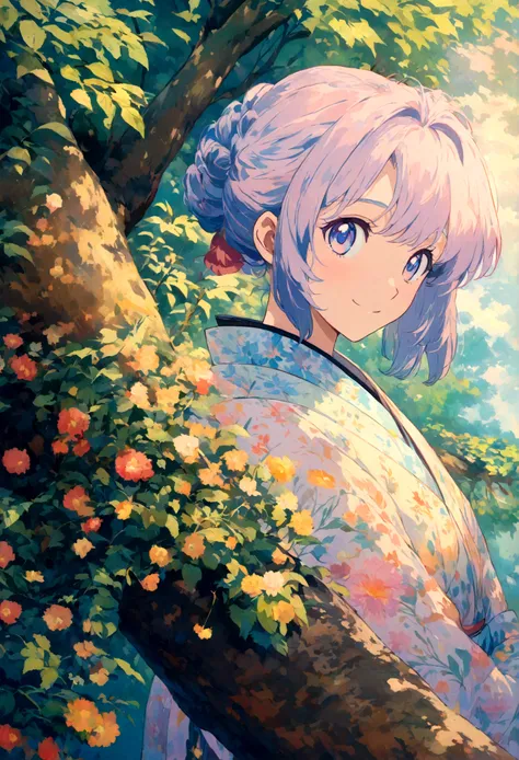 a woman in a kimono standing next to a tree smiling, an ultrafine detailed painting, anime nature, 90s anime influenced by Impressionism and has elements reminiscent of pastel or soft pastel paintings, bright harmonious colors, anime nature, pixiv, anime p...