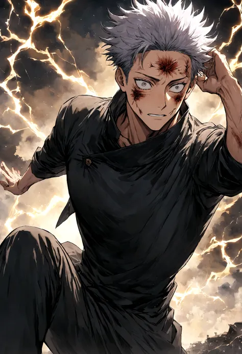 1 boy, Men&#39;s Center, Satoru gojou,Jujutsu Kaisen、Injury, electricity,, masterpiece, highest quality, so beautiful,stitch on forehead,