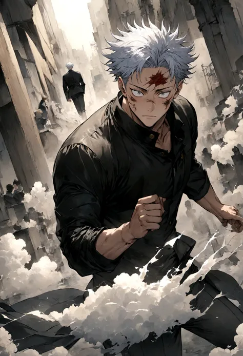 1 boy, Men&#39;s Center, Satoru gojou,Jujutsu Kaisen、Injury, electricity,, masterpiece, highest quality, so beautiful,stitch on forehead