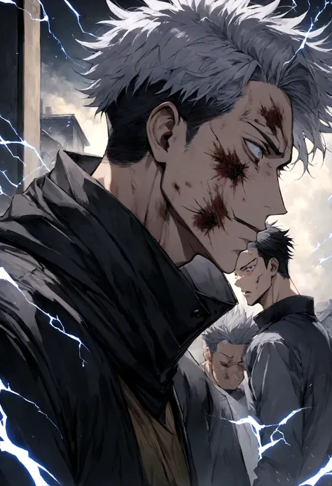 1 boy, Men&#39;s Center, Satoru gojou,Jujutsu Kaisen、Injury, electricity,, masterpiece, highest quality, so beautiful,stitch on forehead