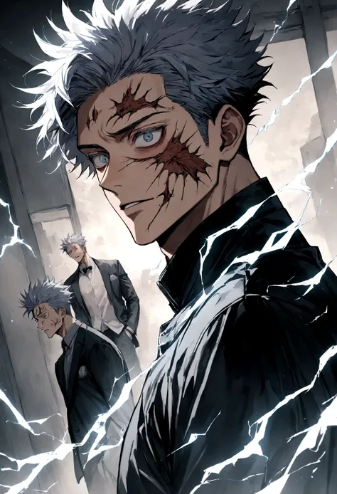 1 boy, Men&#39;s Center, Satoru gojou,Jujutsu Kaisen、Injury, electricity,, masterpiece, highest quality, so beautiful,stitch on forehead