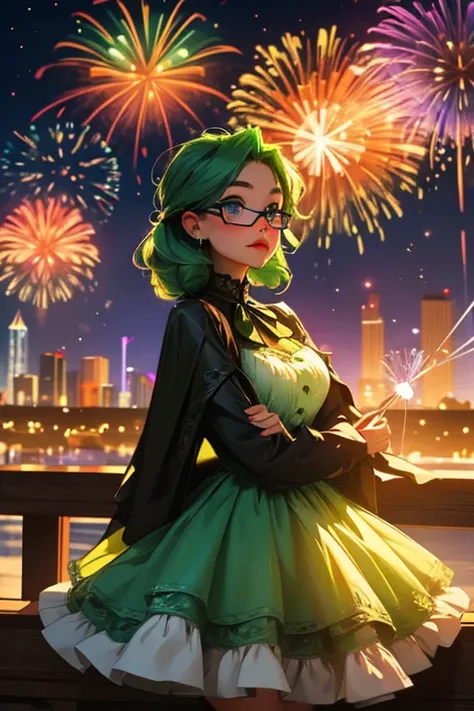 A green haired woman with violet eyes and glasses with an hourglass figure in a cute lolita dress is watching fireworks