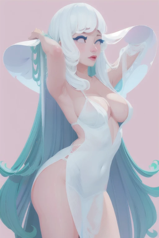 favre, pastel color, super long hair,red lips, makeup,nsfw, illustration, fashion, girl, cleavage, sexy dress,, flat color ,ichiro, 