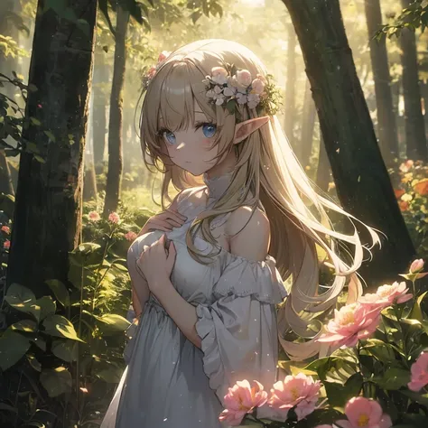 (8k), (masterpiece), (best quality), (super details), (award winning), (game illustration), (greeting face), lens flare, glowing light, woman in a noble dress standing in the woods with flower, modeling shoot, beautiful girl, elf girl, (beautiful face:0.8)...