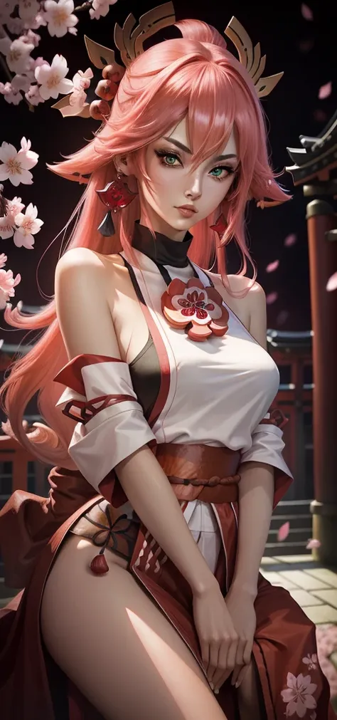 (Masterpiece, Excellent, 1 girl, solo, complex details, color difference), realism, ((medium breath)), off-the-shoulders, sexy, Yae Miko, long pink hair, red headdress, red highlight, hair above one eye, green eyes, earrings, sharp eyes, perfectly symmetri...