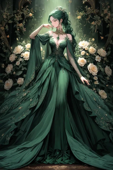 arafed woman in a green dress standing in front of a flowery background, Dark green dress, ornate dark green clothing, flowinggown, Green dress, dressed beautiful gown, Dark green tones, Dark green, an elegant green, beautiful flowing fabric, stunning eleg...