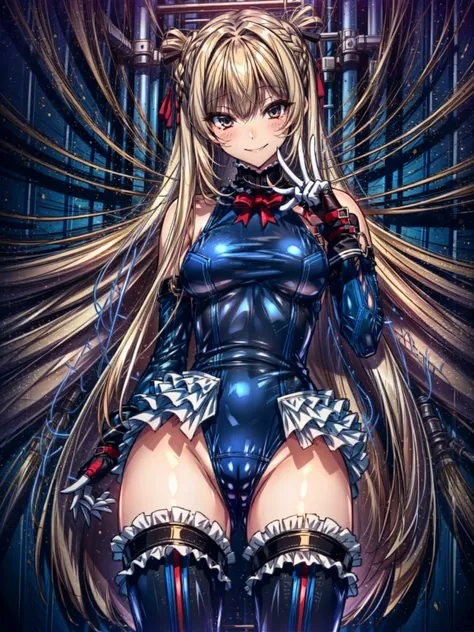 4K,Perfect Anatomy, highest quality, Marie Rose,Wicked Smile,Provocative attitude
,,Wicked Smile,Anime Style,(Ruffled swimsuit, Knee socks, Removed sleeve), (Anime Style:1.4) ,
,(White fingers:1.1,Black gloves),
Hollow Eyes,whole body,1 Girl、(In the resear...