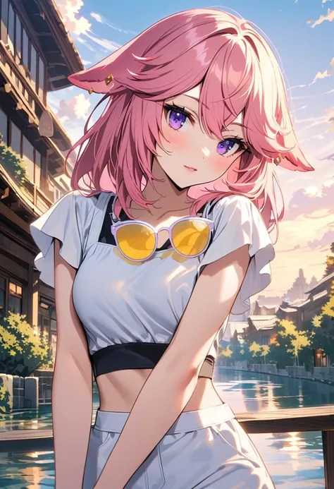 yae miko wearing yellow sunglasses, Pink Hair, Purple Eyes, Fashion tops, There is a river in the background, Blue sky, Light afternoon sunset