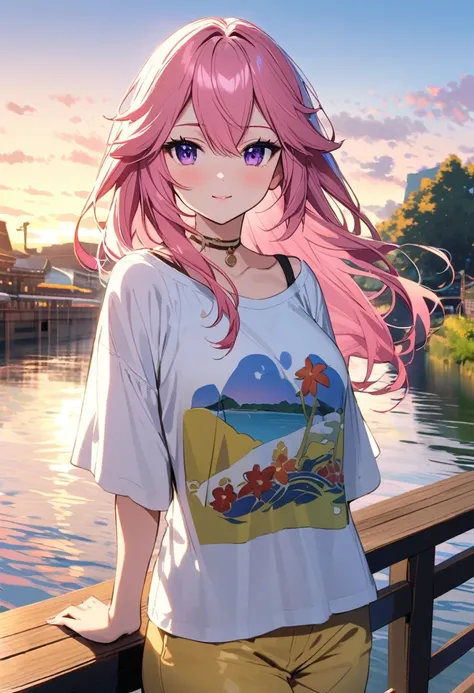 yae miko wearing yellow sunglasses, Pink Hair, Purple Eyes, Fashion tops, There is a river in the background, Blue sky, Light afternoon sunset