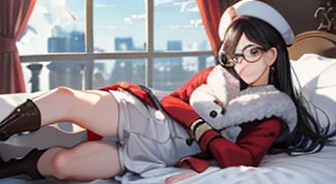 19 years younger，girl, Black Hair，shoulder-length，black eyes，big black-rimmed glasses, Cheerful expression，energetic, saturation , White over the knee boots, White high heel boots,Red fur hat, tight skirt, Lying in bed, Nordic Room, Large Windows, Snow on ...