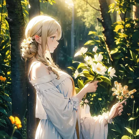 (8k), (masterpiece), (best quality), (super details), (award winning), (game illustration), (greeting face), lens flare, glowing light, woman in a noble dress standing in the woods with flower, modeling shoot, beautiful girl, elf girl, (beautiful face:0.8)...