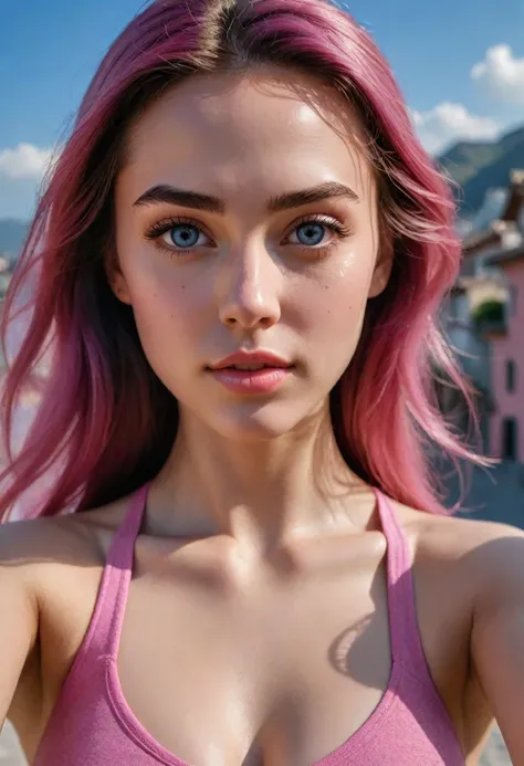 8K, Best quality, masterpiece, ultra high resolution, (realism: 1.4), original photo, (realistic skin texture: 1.3), (Granularity: 1.3), (Selfie angle), 1 girl, Pink clothes, Sapphire eyes and beautiful facial details, masterpiece, Best quality, close-up, ...