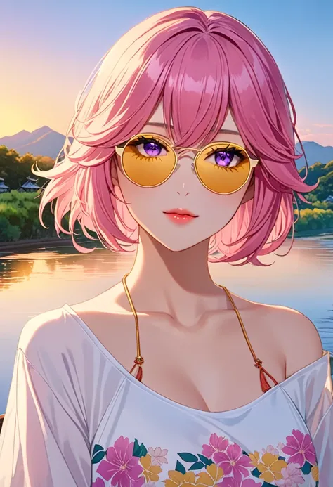 yae miko wearing yellow sunglasses, Pink Hair, Purple Eyes, Fashion tops, There is a river in the background, Blue sky, Light afternoon sunset