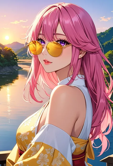 yae miko wearing yellow sunglasses, Pink Hair, Purple Eyes, Fashion tops, There is a river in the background, Blue sky, Light afternoon sunset