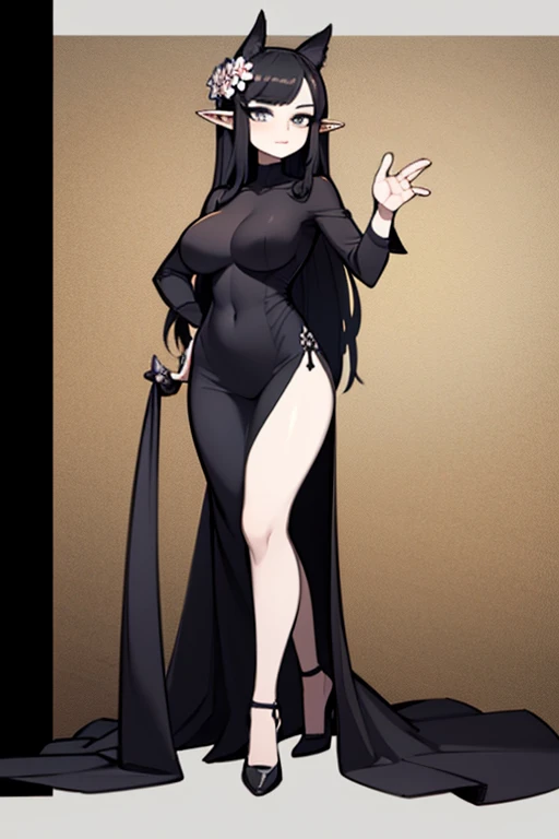 ((best quality)), ((masterpiece)), (detailed), perfect face, full body, black dress, black hair, long hair, hime hair style, elf ear, big tits, big ass, white pale skin, flower background