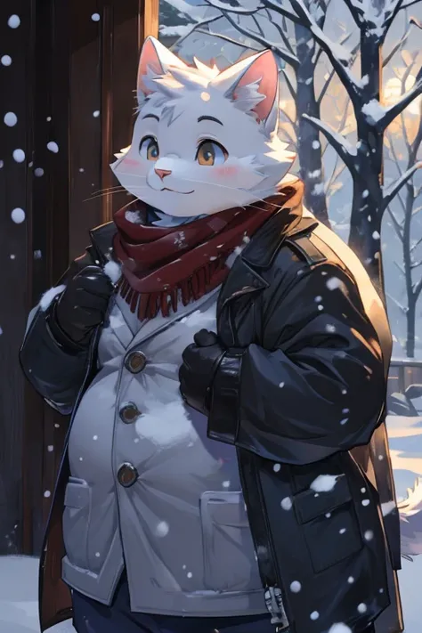 White cat，cute，Clever，winter，In the snow，scarf，down jacket，Breathing，overweight，It&#39;s snowing，Crouching under the streetlight，night，sideways，