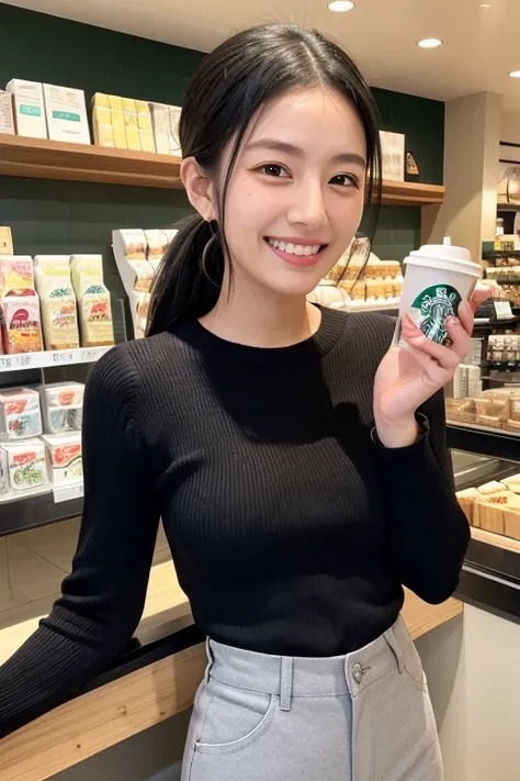 Black Hair　ponytail　22 years old　Double　Double teeth　smile　refreshing　Shy　Natural Makeup　Ultra-realistic　Rib knit　skinny pants　mole　Starbucks store clerk　She&#39;s making coffee　Healthy Style