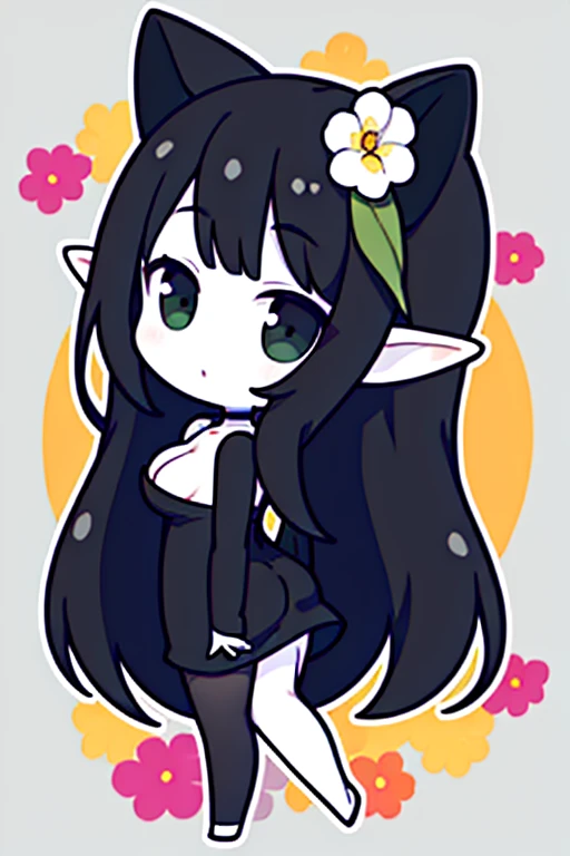 ((best quality)), ((masterpiece)), (detailed), perfect face, full body, black dress, black hair, long hair, hime hair style, elf ear, big tits, big ass, white pale skin, flower background