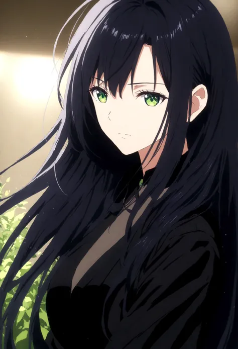 become a，black hair，long hair，green eyes，grace，fashion，noble，temperament，background blur，artistic sense