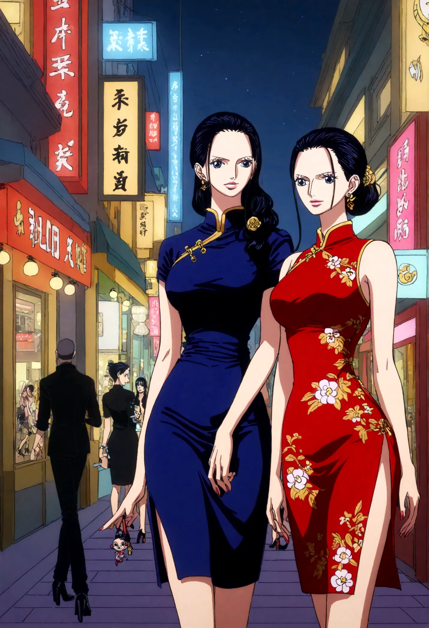 one piece, nico robin, modern style, cheongsam, fashion elements, high heel, urban background, busy street, bright lights, night...