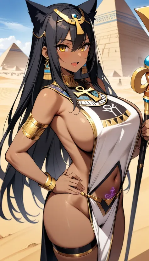 1girl,solo,(dark skin),cat ears,black hair,hair between eyes,long hair,yellow eyes,huge breasts,holding,hand on hip,open mouth,smile,revealing clothes,(see-through,egyptian,ankh),bare shoulders,(naked tabard:1.2),(sideboob,navel),pubic tattoo,(pelvic curta...