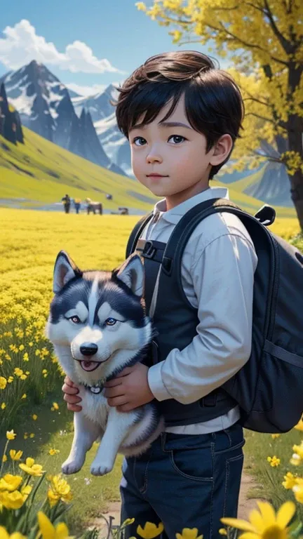 A very charming little boy with a backpack and her cute puppy (husky) enjoying a lovely spring outing surrounded by beautiful yellow flowers and nature. 4K resolution, HD, illustrations, very detailed, facial features, cartoons, visual effects.  