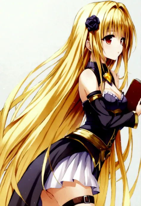 golden night, 1 girl, solitary, long hair, blonde hair, book, thigh straps, separate sleeves, very long hair, red eyes, white ba...