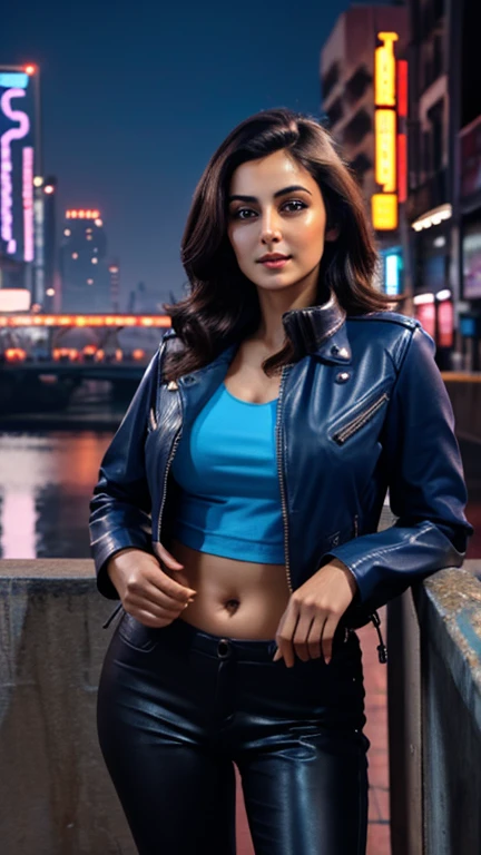 [[Flirty Gaze]] Portrait of Indian most beautiful and attractive Punjabi woman in her 40s as a beautiful female model, Georgia Fowler, beautiful face, with short dark brown hair, in cyberpunk city at night. She is wearing a dark blue leather jacket,
