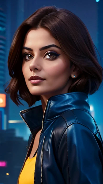 [[Flirty Gaze]] Portrait of Indian most beautiful and attractive Punjabi woman in her 40s as a beautiful female model, Georgia Fowler, beautiful face, with short dark brown hair, in cyberpunk city at night. She is wearing a dark blue leather jacket,
