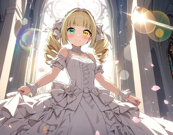 master piece Highest quality Unity 16k,1 girl、(((twin drill))),drill hair,white hairribbon,medium hair,((hair intakes;1.4)),light blonde hair,(blunt bangs:2.0),heterochromia green eye yellow eye,short stature,small breasts:1.3,(wedding dress lolita1.5)),(s...