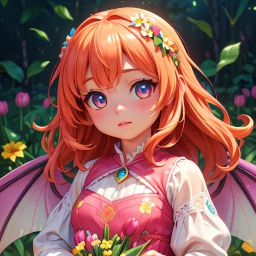 a bright and colorful portrait of a tiny girl with fairy wings surrounded by tall tulip flowers, (best quality,4k,8k,highres,masterpiece:1.2),ultra-detailed,(realistic,photorealistic,photo-realistic:1.37),beautiful detailed eyes,beautiful detailed lips,ext...