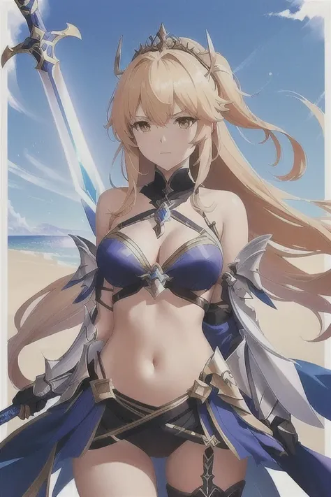 A bikini top、Close up of woman holding sword, Shadowverse style, anime goddess, Ayaka Genshin Impact, Shadowverse, From Arknights, Artoria Pendragon, from Girls&#39; Frontline, fine details. Girls&#39; Frontline, Ayaka Game Genshin Impact, Azur Lane Charac...