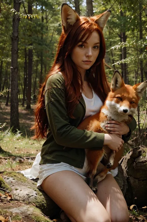 red-haired girl with a fox in the forest 