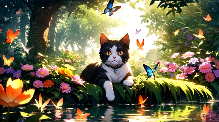 (High resolution,Realistic) Scottish Fold cat catching butterflies in the garden, A stream flows in the distance、Home々I can see. Detailed fur and expressive eyes. Lush greenery and colorful flowers surround the cat.. wood々Sunlight shining through, casting ...