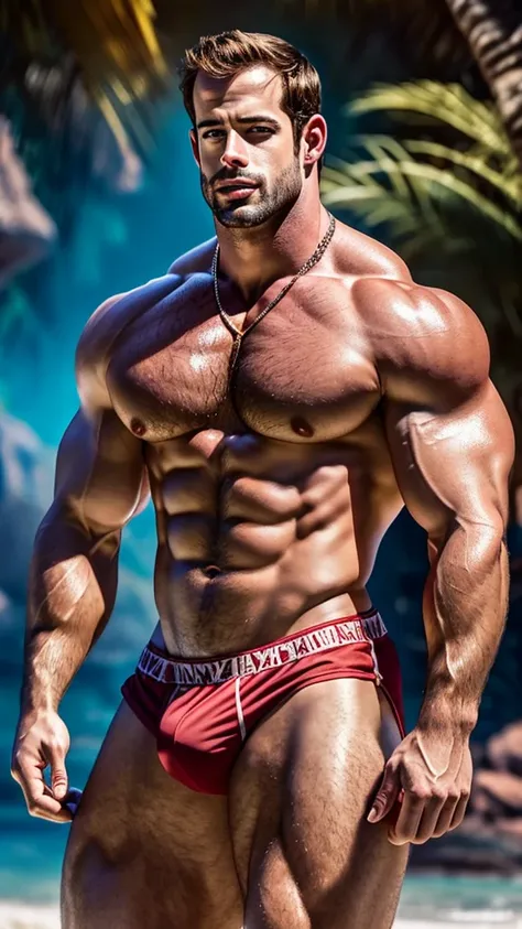 William Levy, hairy body, underdressing, bare-chested, there is a large erect bulge in the beach underwear, muscular giant, 3 meters tall bodybuilder, flexing, massive biceps, oversized biceps are 240 inches, with long oversized arms, bulging muscles, prom...