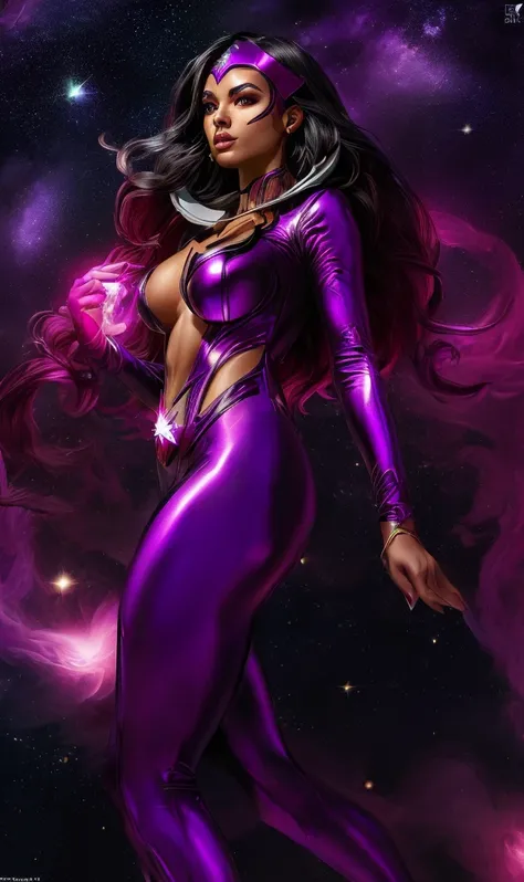 ((stsapph2024)) a beautiful black woman with tawny skin, long black hair, wearing a violet suit, floating in space, 5 detailed fingers, high quality, masterpiece, photorealistic, raw photo, depth of field, full body
