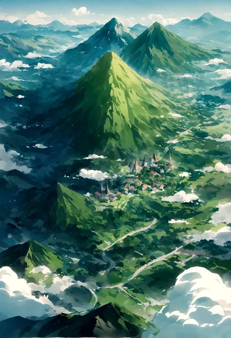 tmasterpiece，best qualityer，scenecy，Green mountains，Big green mountain in the shape of jelly，There is a mountain road to the top of the mountain， volcanoes, Aerial view of the mountain，Skysky