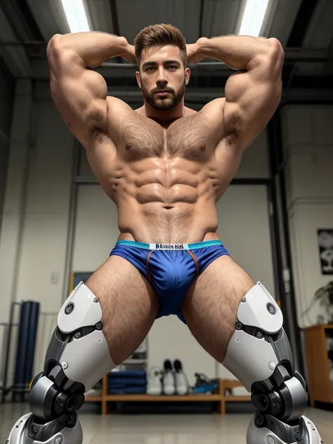 tall bionic man, corpo atletico, primeiro o rei, pelos corporais, ginger hair, barba desenhada, white speedo, LARGE BULGE IN THE UNDERWEAR, flexed biceps, robotic artificial leg prosthesis, Homem com pernas amputadas,Robotic carbon legs, big buttock, ambie...