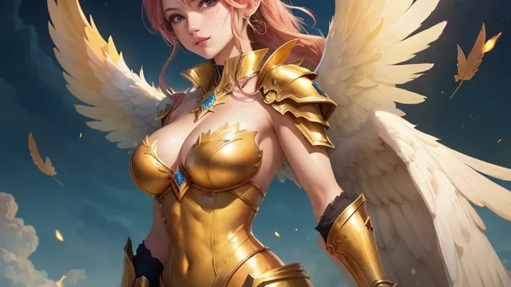 ((best quality)), ((masterpiece)), (detailed), Perfect body，Close-up of a woman wearing a golden costume with wings, Angel Gold Armor, majestic angel, angel knight girl, Final Fantasy Tactics Characters, mystical atlantean valkyrie, as a Mysterious Valkyri...