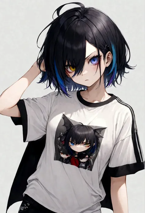 1 girl, , grumpy, short black hair with (colored hair streaks), heterochromia ,, tee shirt, tomboy, punk, accessories, vampire