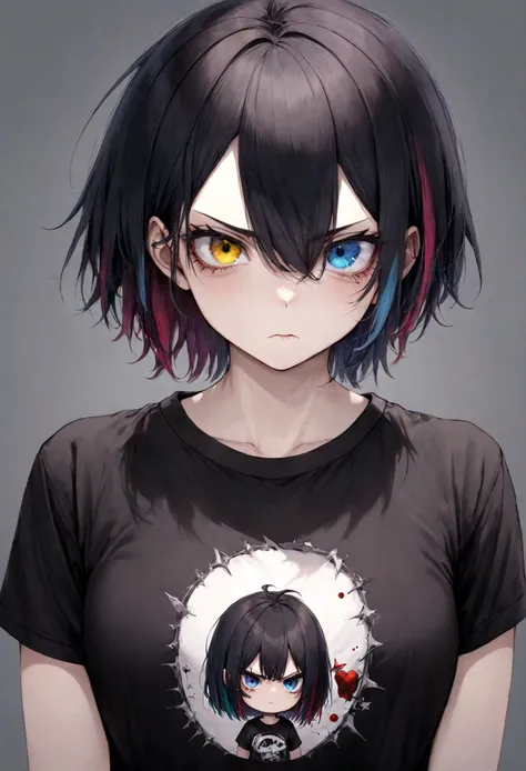 1 girl, , grumpy, short black hair with (colored hair streaks), heterochromia ,, tee shirt, tomboy, punk, accessories, vampire