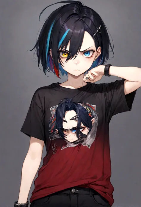 1 girl, , grumpy, short black hair with (colored hair streaks), heterochromia ,, tee shirt, tomboy, punk, accessories, vampire