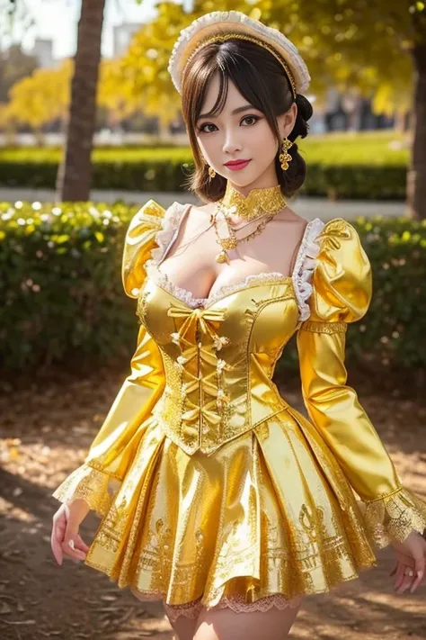 nsfw, sexy golden Thai princess, only 1 female, ((doll-like appearance)), short fuchsia stylish hair, ((shiny Victorian-Style boots)), (big smile), ultra detailed eyes, vivid golden eye makeup, lipgloss, long lashes, defined eyebrows, ((sexy golden Paradis...