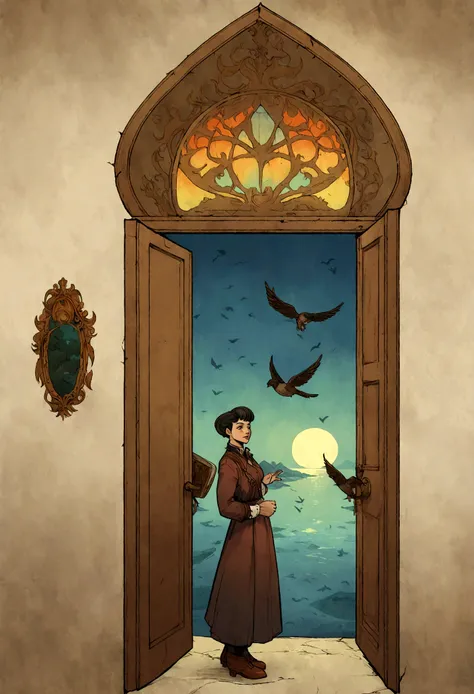 A picture of a person, standing in the doorway, and birds fly around., Ghibli Tom Bagshaw, tom bagshaw style, Artstyle: Tom Bagshaw, Tom Bagshaw Weta Studio, tom bagshaw style, Tom Bagshaw Донато Джанкола, Cover of the novel for the book, tom bagshaw artst...