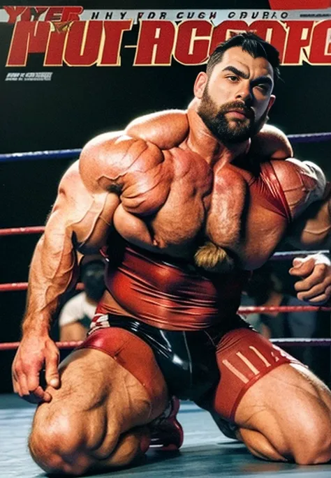 Only plump, chubby, extremely thick thighs, large belly, fat, age 50 years, muito barbudo, absurderes, hight resolution, 1male people, full body visible (wrestling Magazine covers:1.2), Yaoi(bara) , Stubble,clothes down, matured male, ruggedly handsome fac...