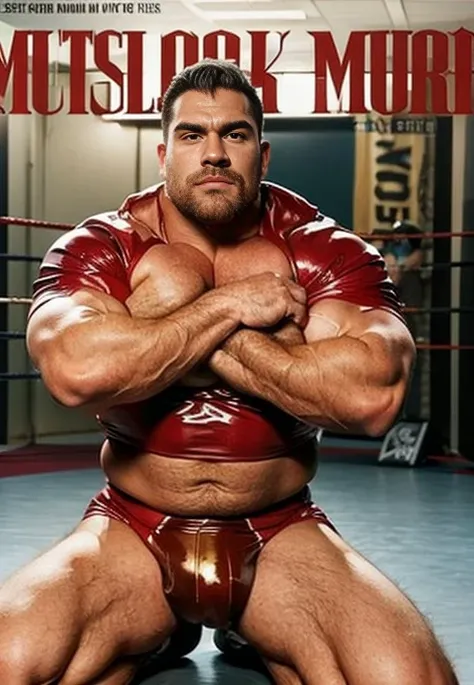 Only plump, chubby, extremely thick thighs, large belly, fat, age 50 years, muito barbudo, absurderes, hight resolution, 1male people, full body visible (wrestling Magazine covers:1.2), Yaoi(bara) , Stubble,clothes down, matured male, ruggedly handsome fac...